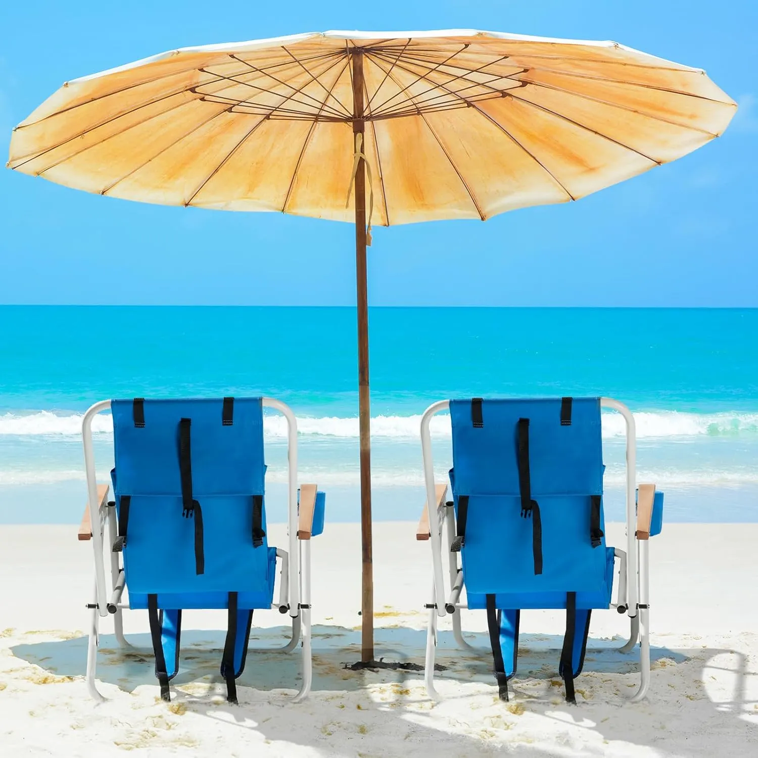 4-Position Folding Backpack Beach Chair with Headrest & Cup Holder - 2 Pack Portable Camping Chair with Wooden Armrests, 330LB Capacity & Adjustable Recline - Lightweight & Compact, Blue