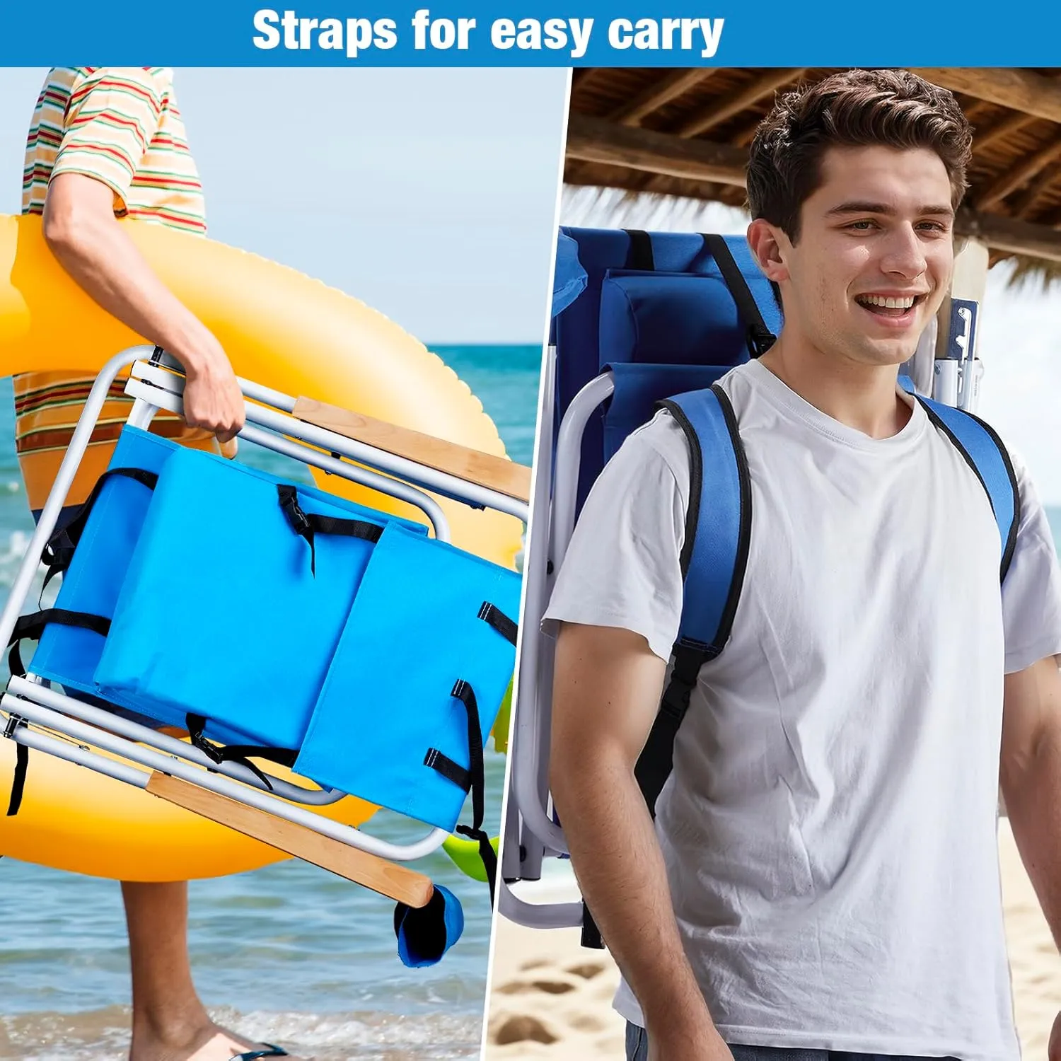 4-Position Folding Backpack Beach Chair with Headrest & Cup Holder - 2 Pack Portable Camping Chair with Wooden Armrests, 330LB Capacity & Adjustable Recline - Lightweight & Compact, Blue