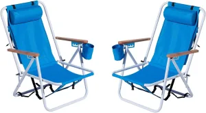 4-Position Folding Backpack Beach Chair with Headrest & Cup Holder - 2 Pack Portable Camping Chair with Wooden Armrests, 330LB Capacity & Adjustable Recline - Lightweight & Compact, Blue