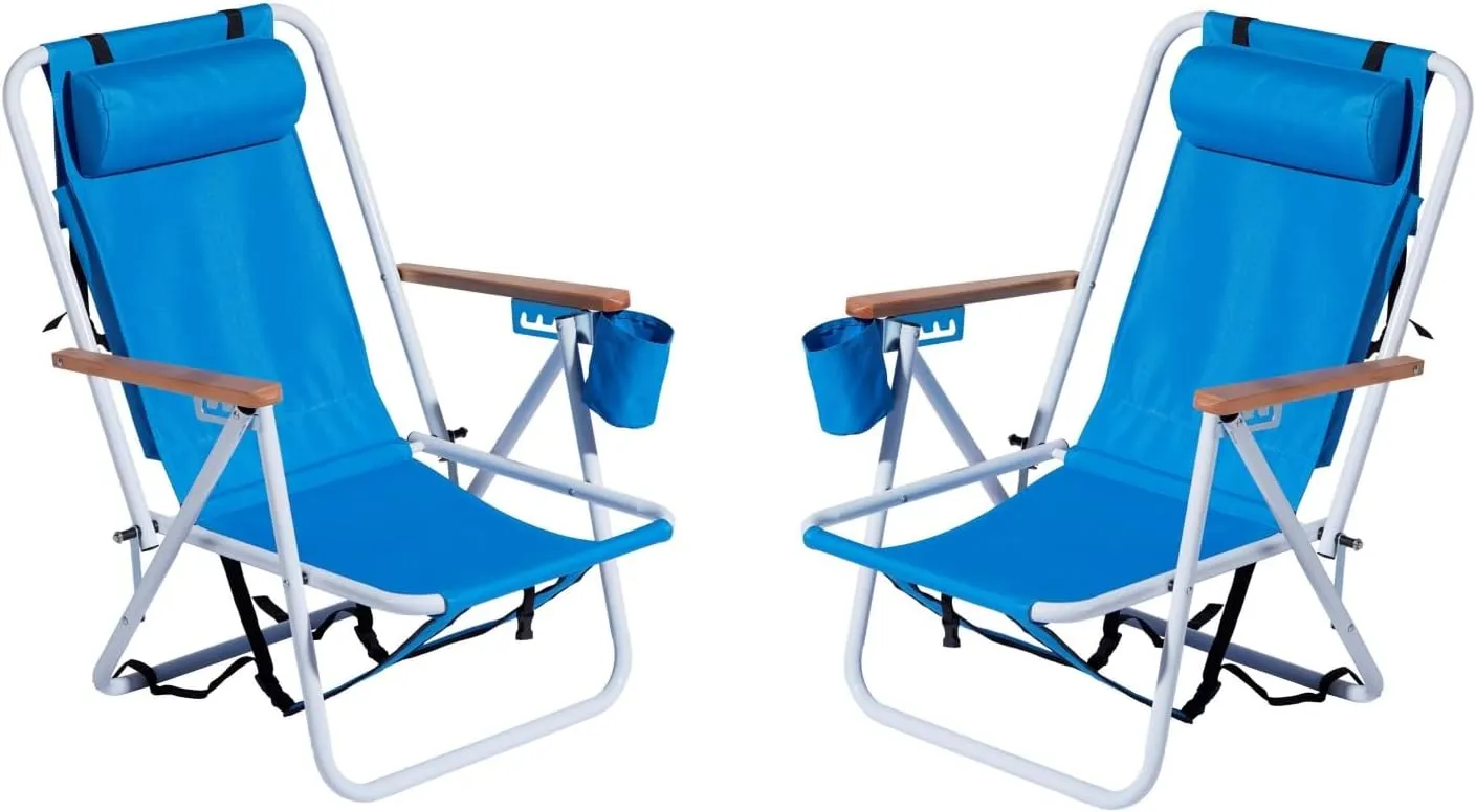 4-Position Folding Backpack Beach Chair with Headrest & Cup Holder - 2 Pack Portable Camping Chair with Wooden Armrests, 330LB Capacity & Adjustable Recline - Lightweight & Compact, Blue