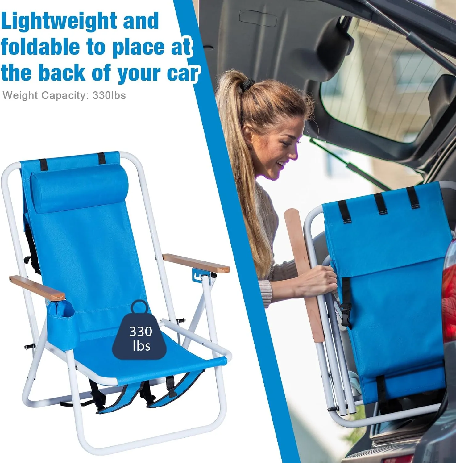 4-Position Folding Backpack Beach Chair with Headrest & Cup Holder - 2 Pack Portable Camping Chair with Wooden Armrests, 330LB Capacity & Adjustable Recline - Lightweight & Compact, Blue