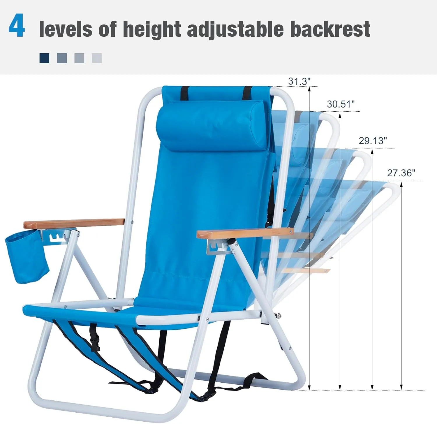 4-Position Folding Backpack Beach Chair with Headrest & Cup Holder - 2 Pack Portable Camping Chair with Wooden Armrests, 330LB Capacity & Adjustable Recline - Lightweight & Compact, Blue