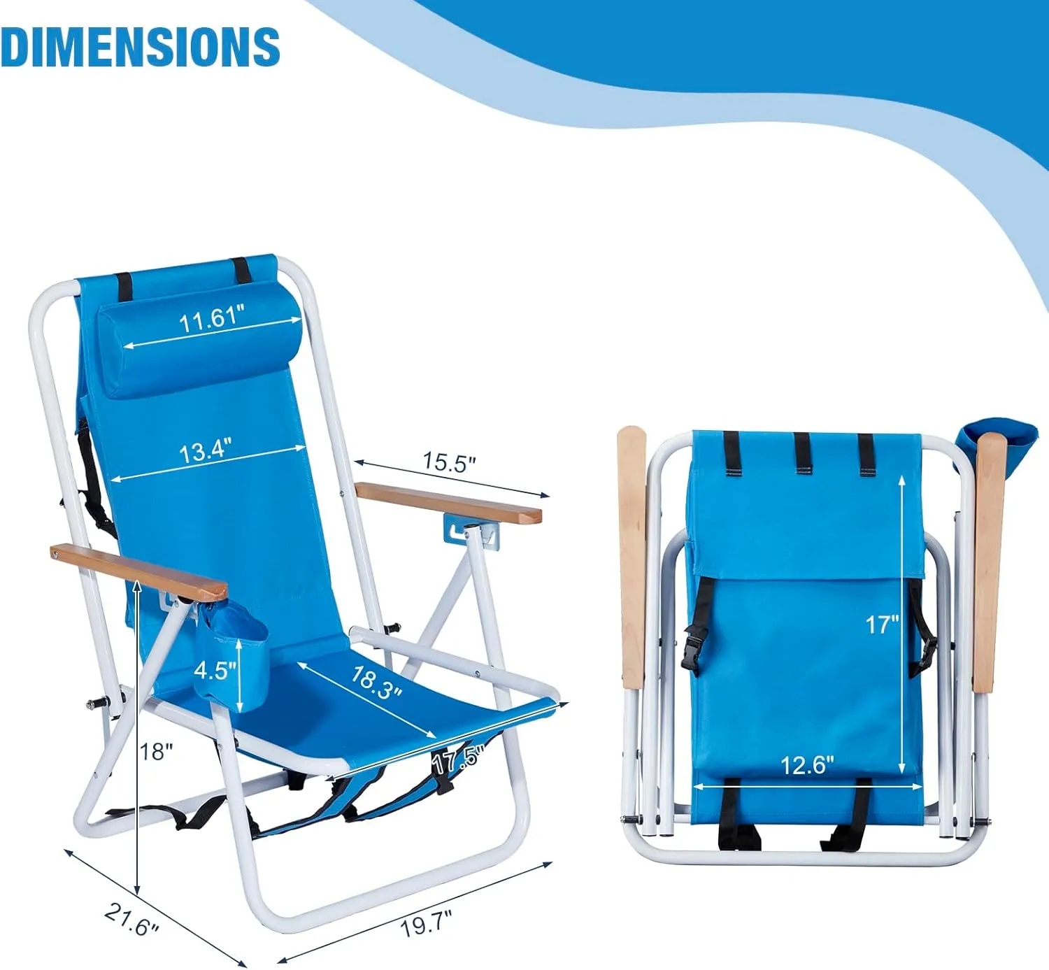 4-Position Folding Backpack Beach Chair with Headrest & Cup Holder - 2 Pack Portable Camping Chair with Wooden Armrests, 330LB Capacity & Adjustable Recline - Lightweight & Compact, Blue