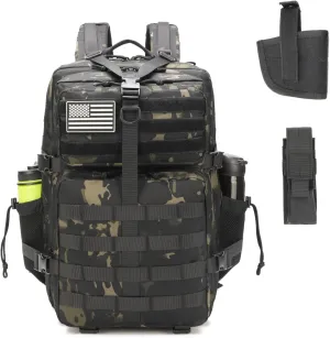 45L Military Backpack for Men Gun Backpack for Handguns, Tactical Backpack with Holster Assault Pack Army Molle Backpack 3-Day Pack Bug Out Bag Hiking Rucksack with Bottle Holder (Black CP)