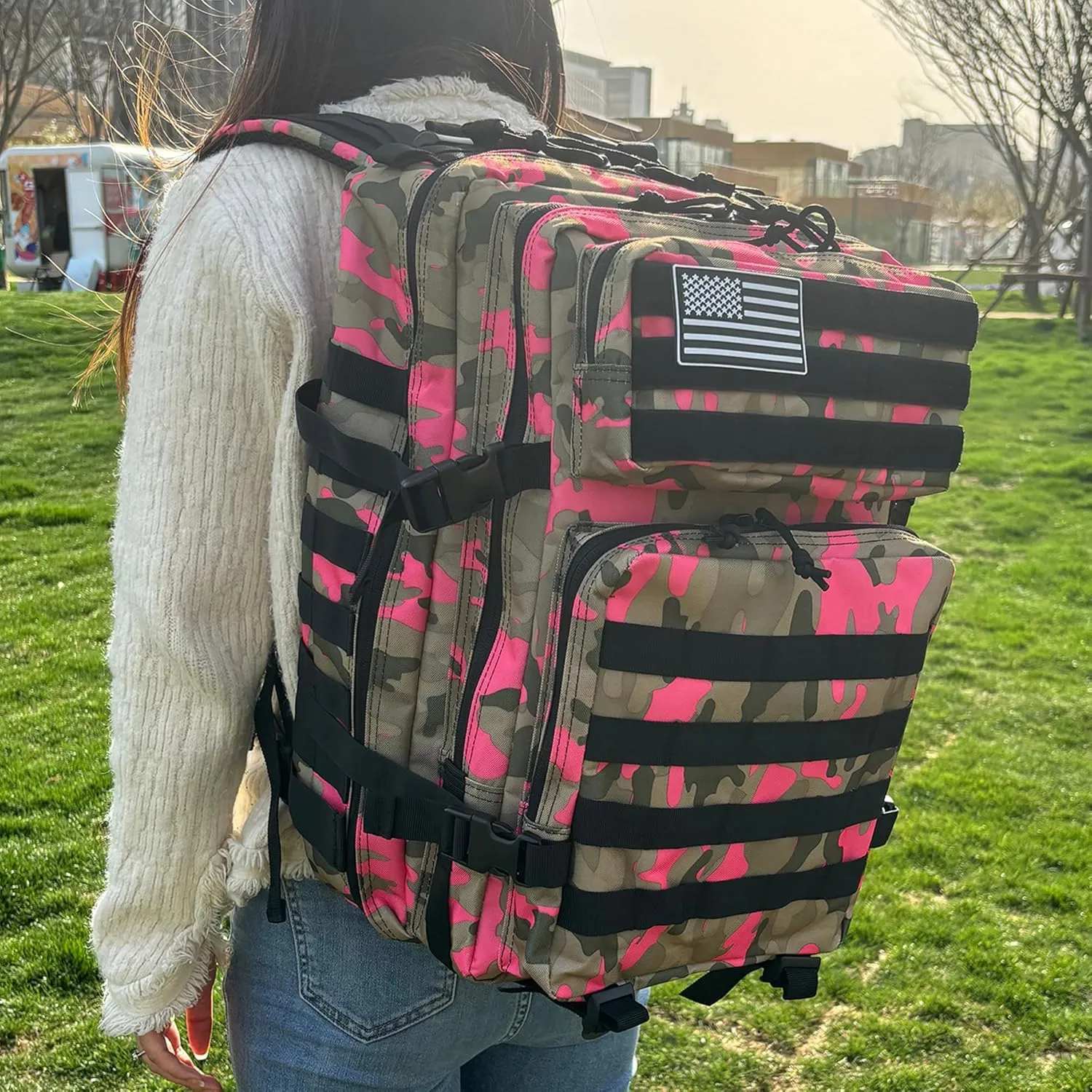 45L Military Tactical Backpack for Men & Women Bug Out Bag Assault pack Molle Daypack Hiking Trekking Rucksack(Camouflage Pink)