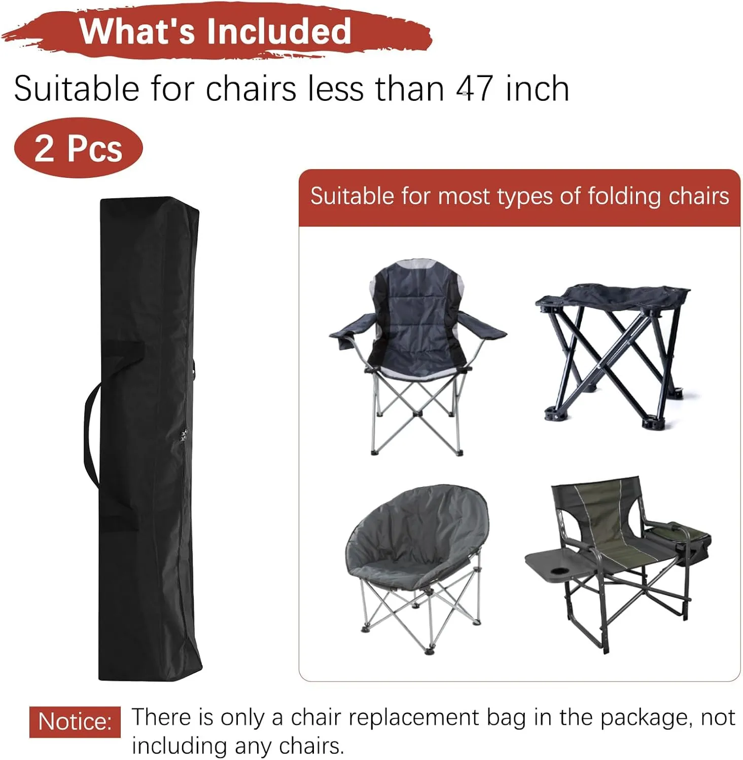 47IN Camp Chair Replacement Bag [2PCS] - 600D Oxford Folding Chair Carrying Storage Bag with Shoulder Strap Use for Camping & Travel [Black, 7.9INx7.9IN WxH]