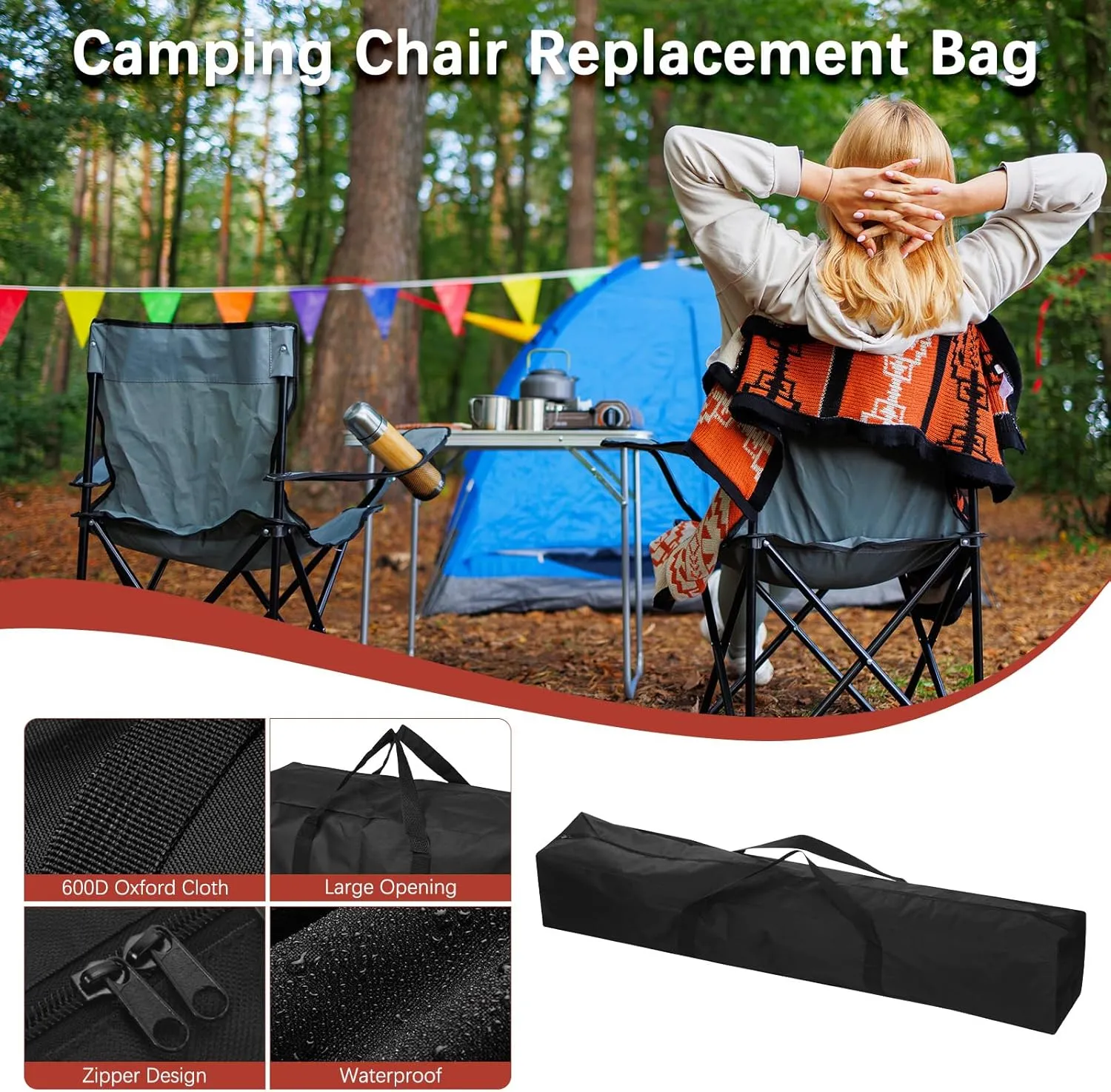 47IN Camp Chair Replacement Bag [2PCS] - 600D Oxford Folding Chair Carrying Storage Bag with Shoulder Strap Use for Camping & Travel [Black, 7.9INx7.9IN WxH]