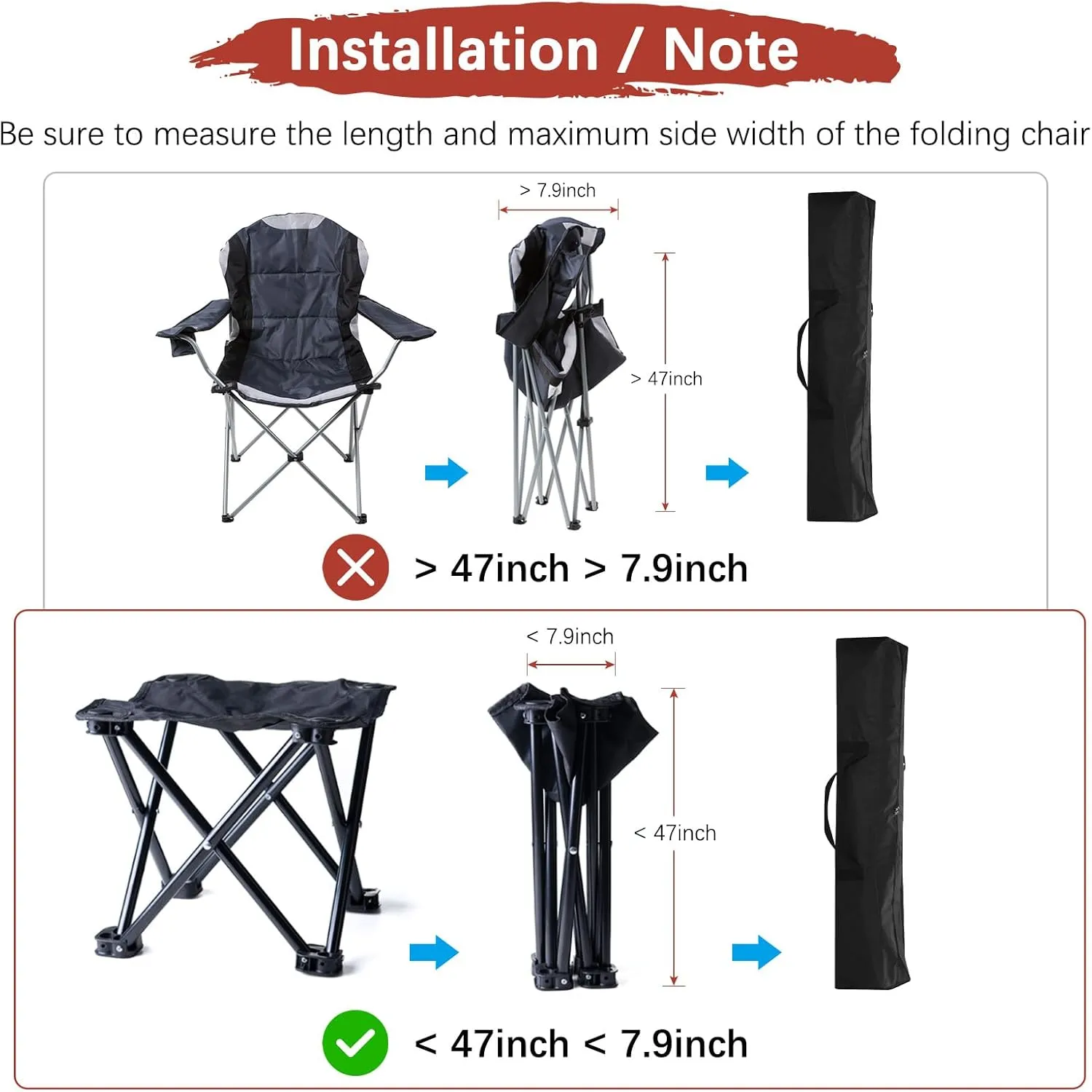 47IN Camp Chair Replacement Bag [2PCS] - 600D Oxford Folding Chair Carrying Storage Bag with Shoulder Strap Use for Camping & Travel [Black, 7.9INx7.9IN WxH]