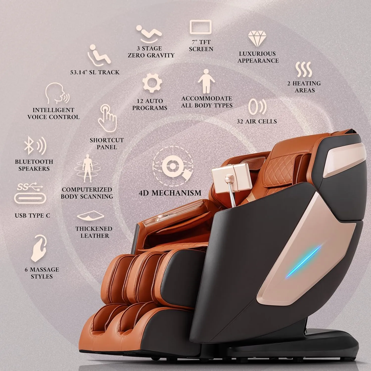 4D Massage Chair, Full Body Massage Chair, Zero Gravity Recliner w/Intelligent Voice Control, 53.14" SL Track, Electric Calfrest Extension, 12 Auto Modes, USB Type-C, Bluetooth Speaker, TFT Screen