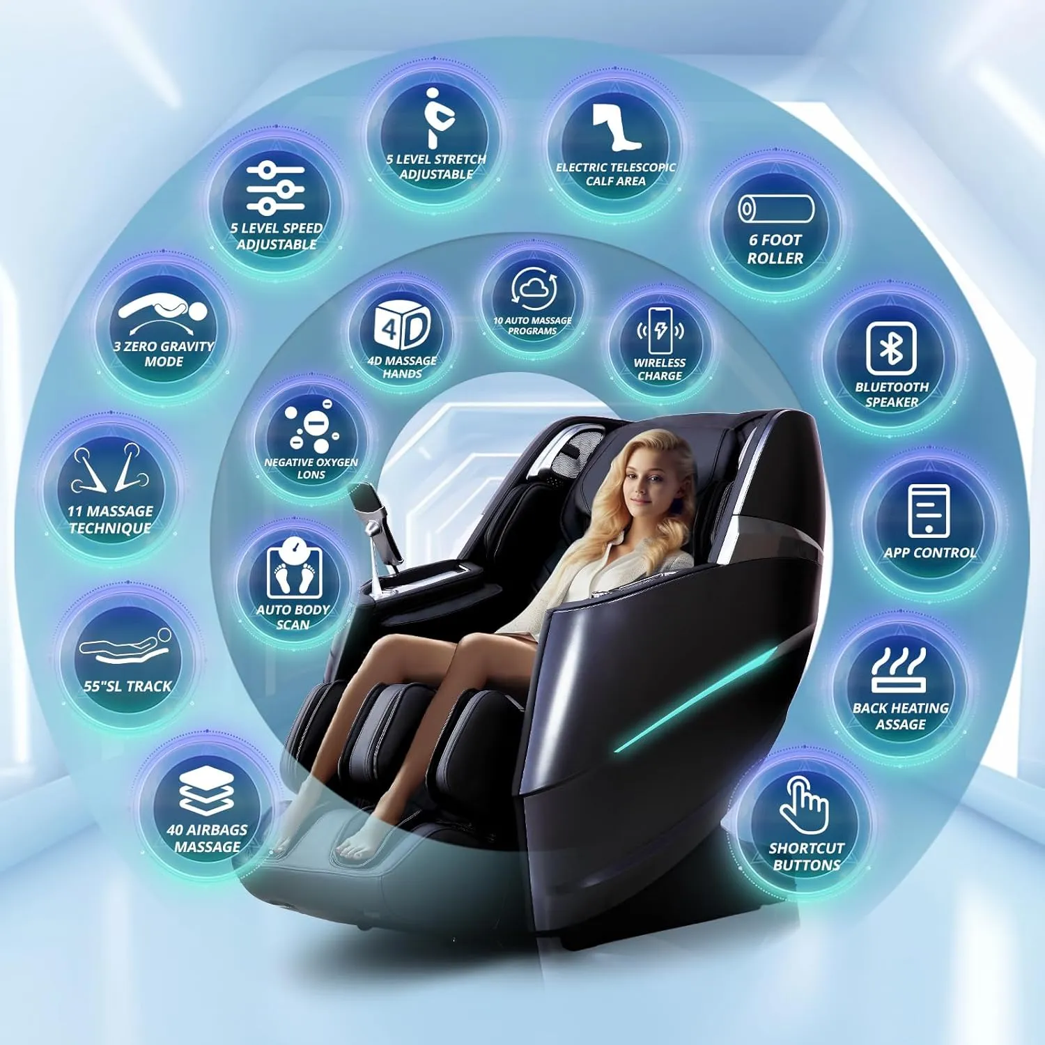 4D Massage Chair Full Body Zero Gravity Recliner - 55“ SL-Track,20 Auto Modes,11 Massage Technique,40 Airbags Massage,with Yoga Stretch,APP Control,Negative Oxygen lons (Black)
