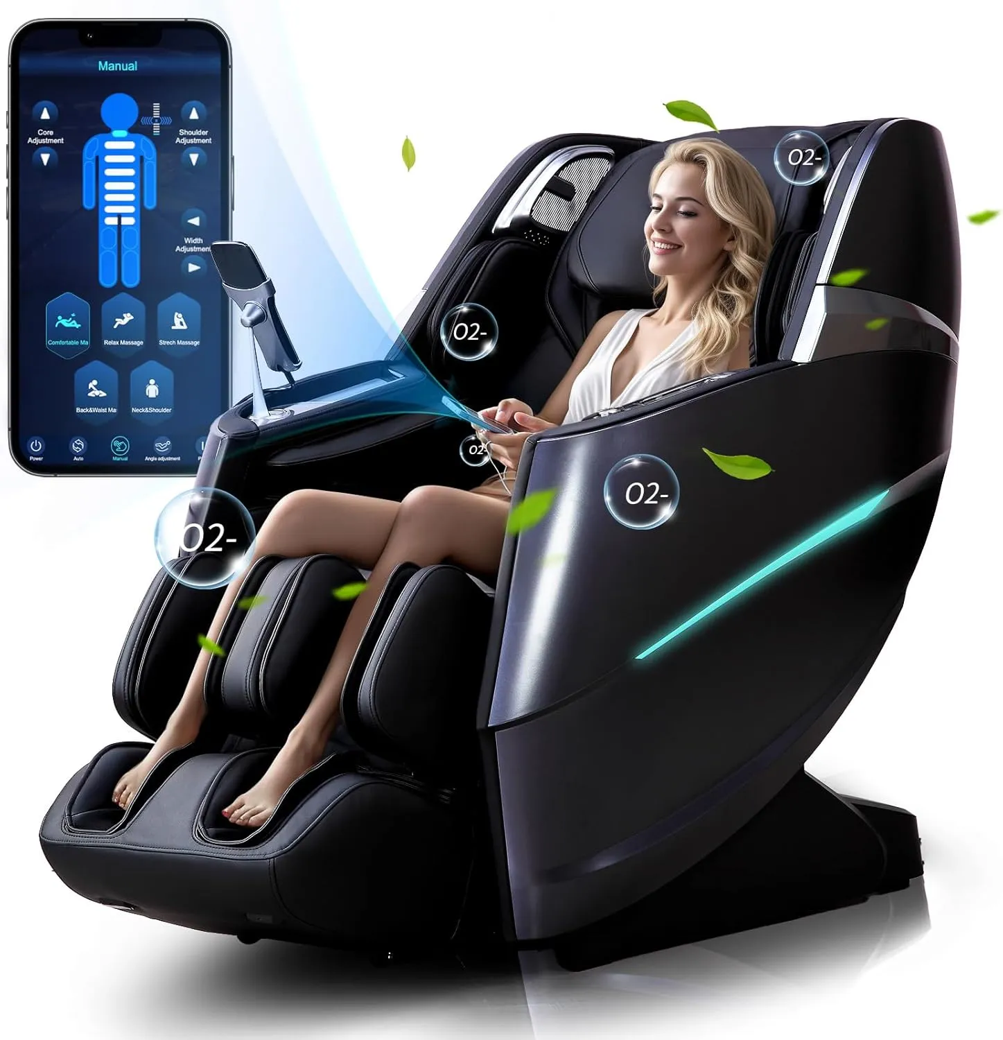 4D Massage Chair Full Body Zero Gravity Recliner - 55“ SL-Track,20 Auto Modes,11 Massage Technique,40 Airbags Massage,with Yoga Stretch,APP Control,Negative Oxygen lons (Black)