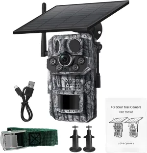 4G Solar Powered Trail Camera, GPS Tracking Hunting Camera with 3Mp Black Light Night Vision, Includes Solar Panel and Accessories for Outdoor Use in Any Weather,