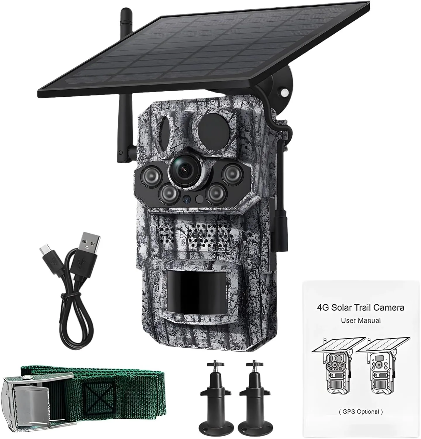 4G Solar Powered Trail Camera, GPS Tracking Hunting Camera with 3Mp Black Light Night Vision, Includes Solar Panel and Accessories for Outdoor Use in Any Weather,