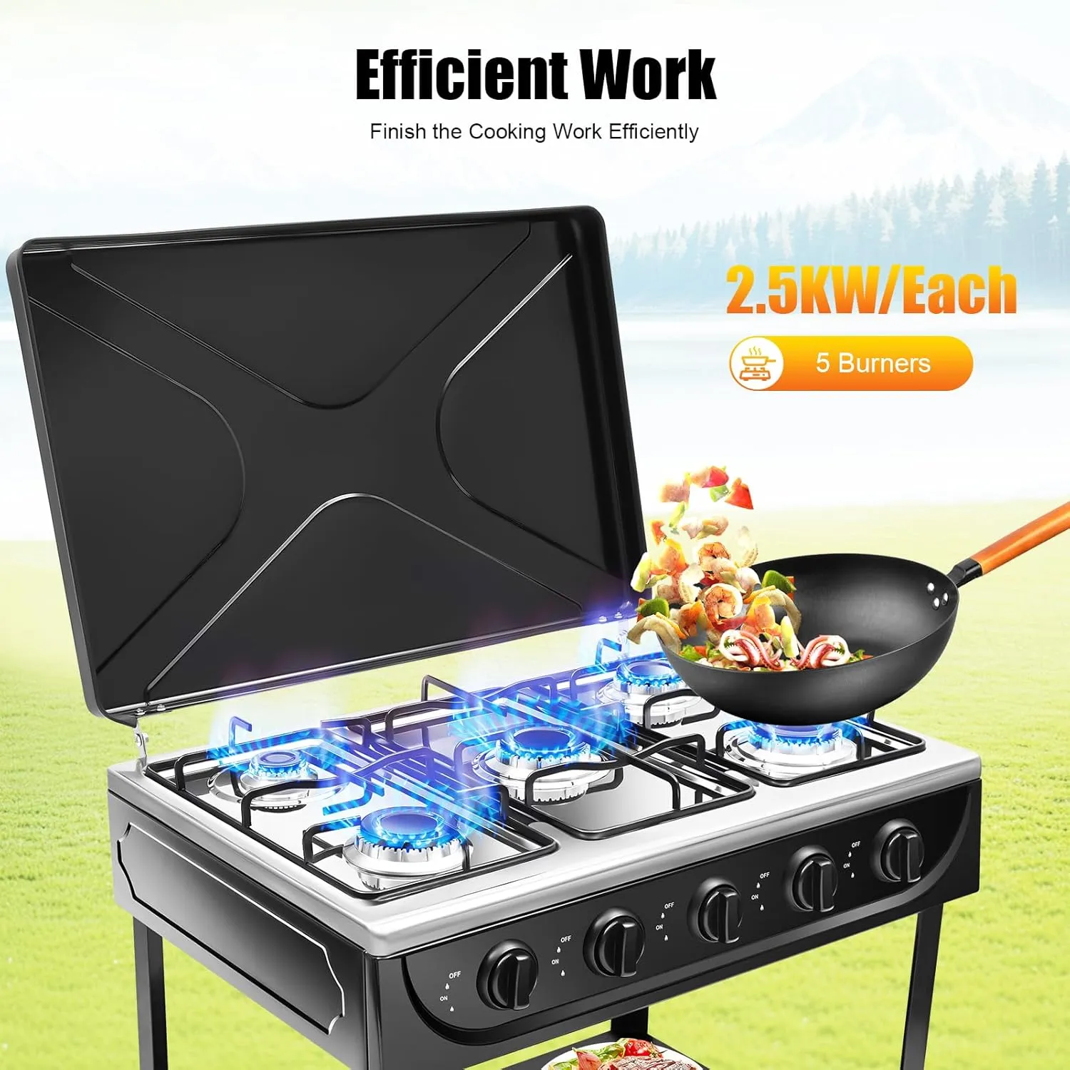 5 Burner Propane Camping Stove, Portable Camping Gas Stove with 2-Tier Storage Rack and Individual Temperature Control, Stove Stand for Outdoor BBQ & Garden Cooking (Black)