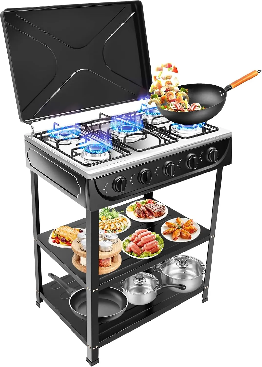 5 Burner Propane Gas Stove,2500W Portable Natural Gas Stove with Control Knobs Manual Ignition Camping Stove for Camping Fishing RV Travel,Black