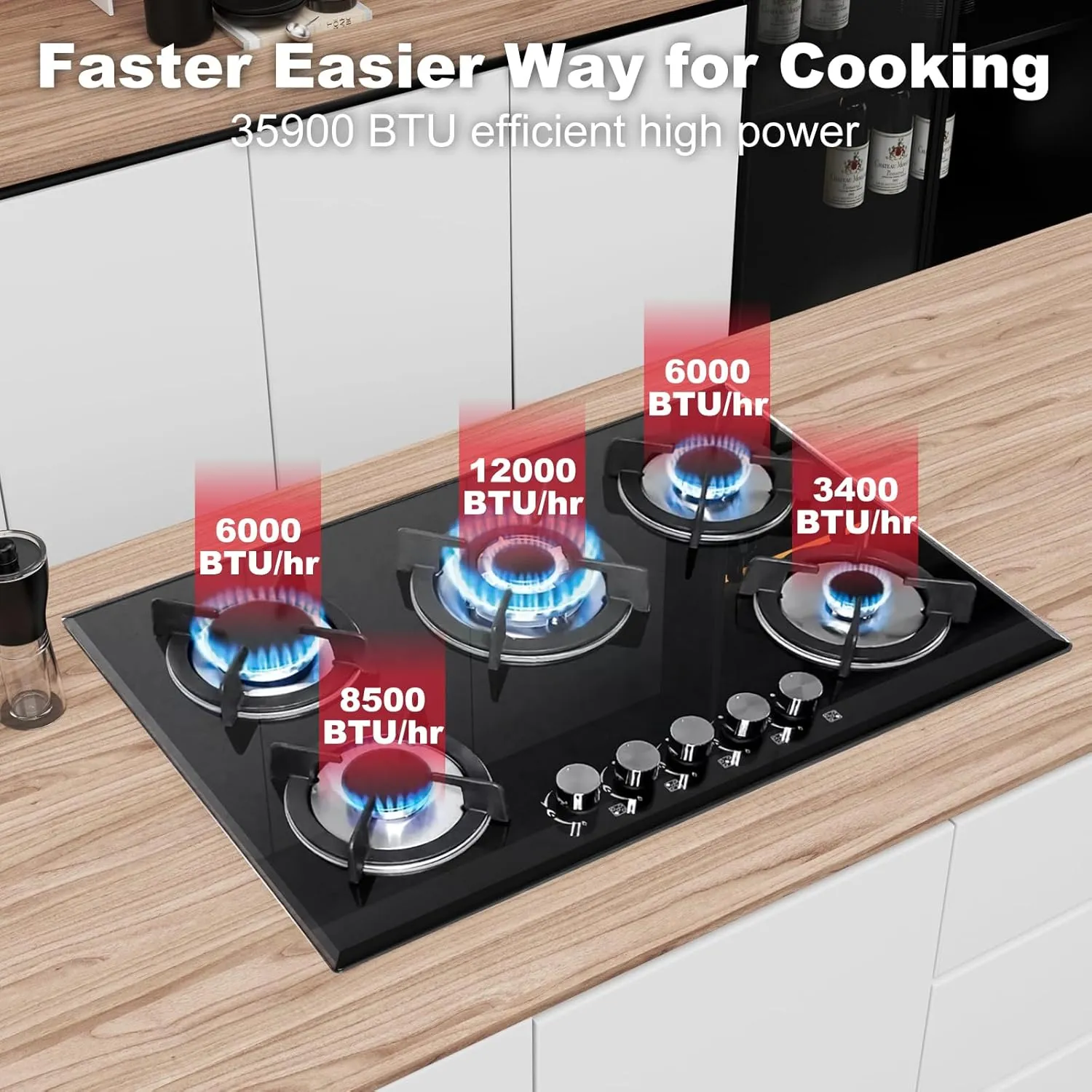 5 Burners Gas Stove 30inch, Built-in Kitchen Gas Stovetop with NG/LPG Conversion Kit, Glass Top Gas Burner (30in x 20.5in)