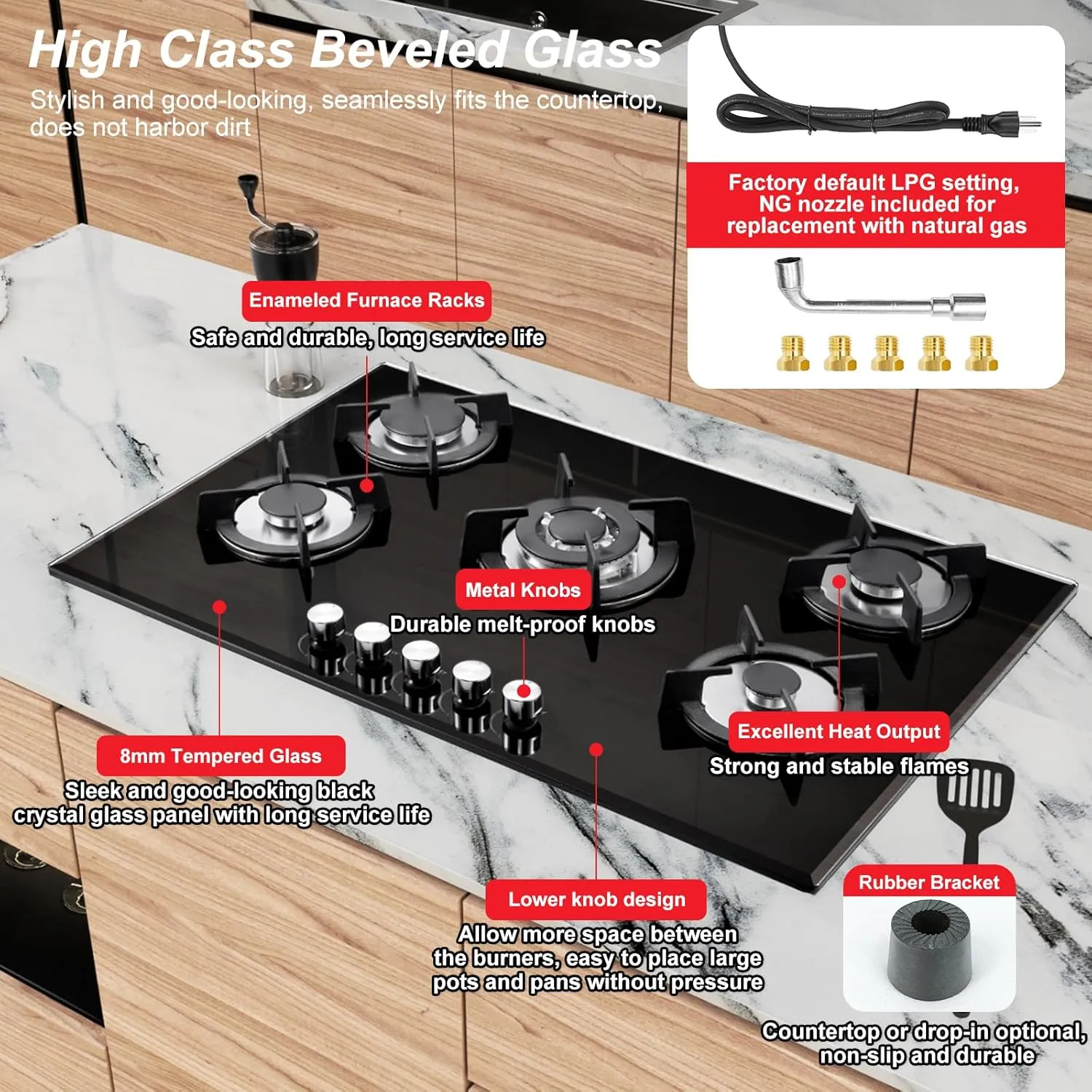 5 Burners Gas Stove 30inch, Built-in Kitchen Gas Stovetop with NG/LPG Conversion Kit, Glass Top Gas Burner (30in x 20.5in)