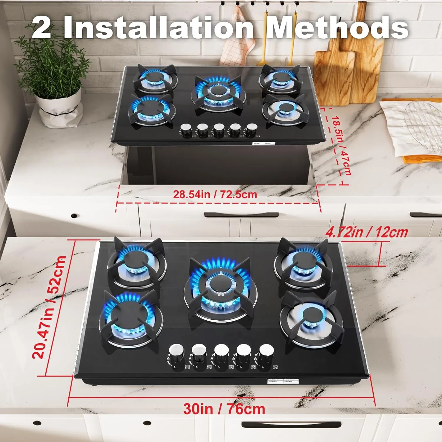 5 Burners Gas Stove 30inch, Built-in Kitchen Gas Stovetop with NG/LPG Conversion Kit, Glass Top Gas Burner (30in x 20.5in)