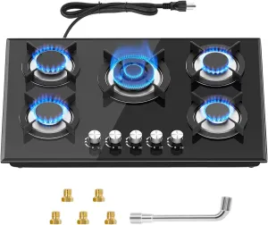 5 Burners Gas Stove 30inch, Built-in Kitchen Gas Stovetop with NG/LPG Conversion Kit, Glass Top Gas Burner (30in x 20.5in)