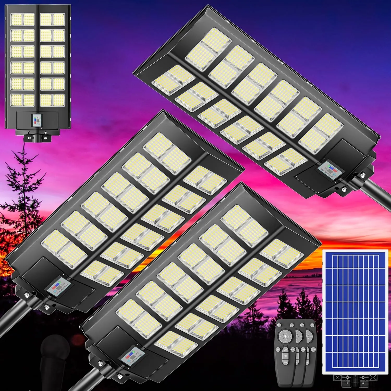 5000W 3-Pack Solar Street Lights Outdoor, 240000LM, Dusk to Dawn, 7000K, IP67 Waterproof, Motion Sensor Parking Lot Lights for Garden,Pathway,High Efficiency LED Solar Street Lights