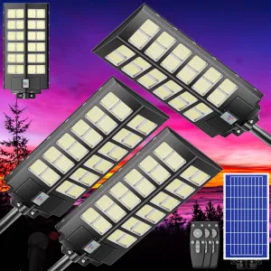 5000W 3-Pack Solar Street Lights Outdoor, 240000LM, Dusk to Dawn, 7000K, IP67 Waterproof, Motion Sensor Parking Lot Lights for Garden,Pathway,High Efficiency LED Solar Street Lights