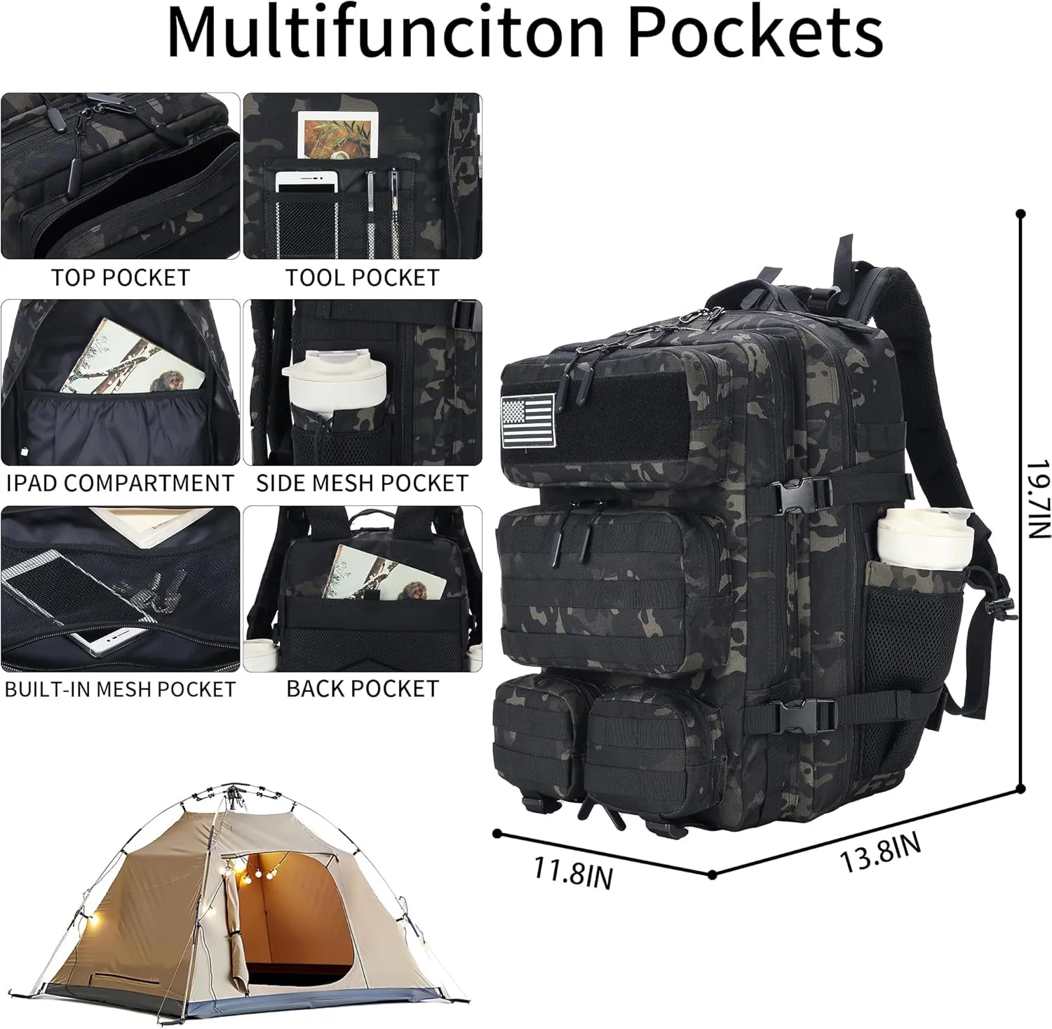 55L Tactical Backpack Heavy Duty Military Rucksack Molle Backpack 3 Day Assault Pack for Work Outdoors