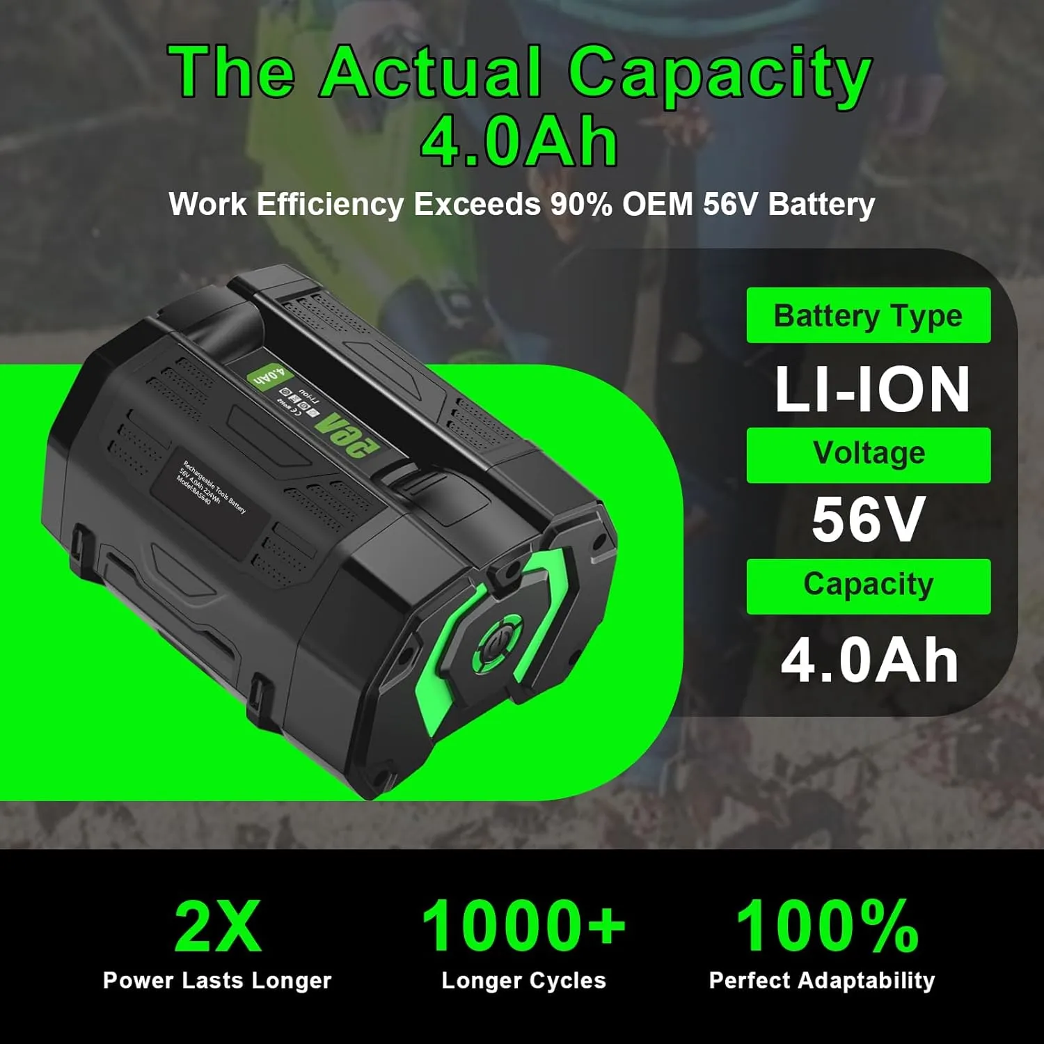 56V 4.0Ah Lithium-Ion Battery Replacement for EGO Power  BA4200 Equipment，Compatible with All Power 56V EGO Power  Tools