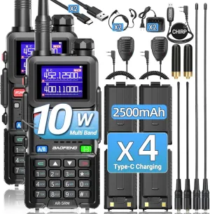 5RM Radio 10W Ham Radio Long Range AR-5RM Handheld Two Way Radio NOAA Rechargeable Long Range Walkie Talkies Copy Frequency 999CH Type-C Charging 4pcs 2500mAh Battery Speaker Mic(2 Pack)