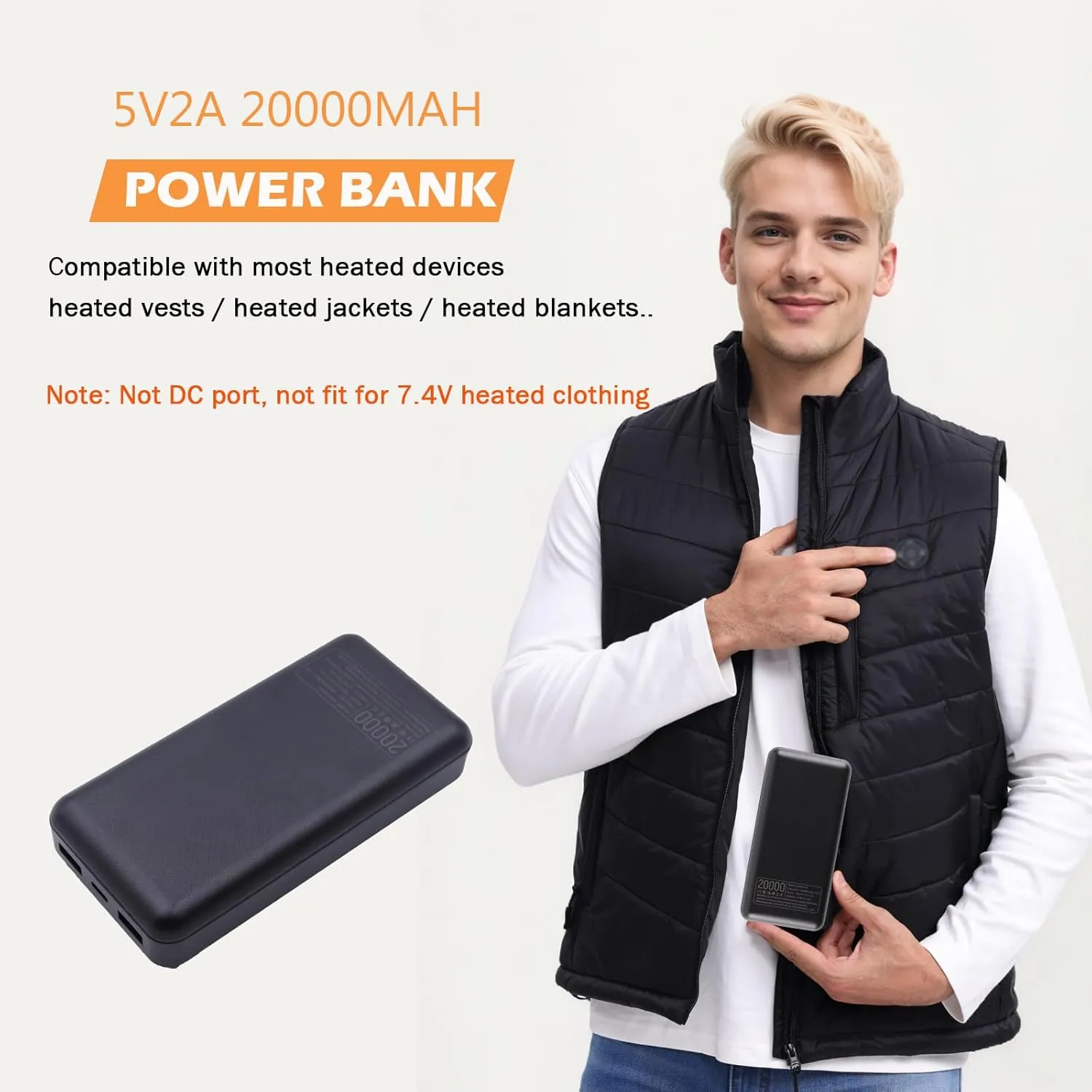 5V2A Battery Pack for Heated Vest Heated Jacket Rechargeable Battery Power Bank for Heated Pants Heated Blanket Men Women(Not Suit for 7.4v Heated Clothing) (20000mAh)