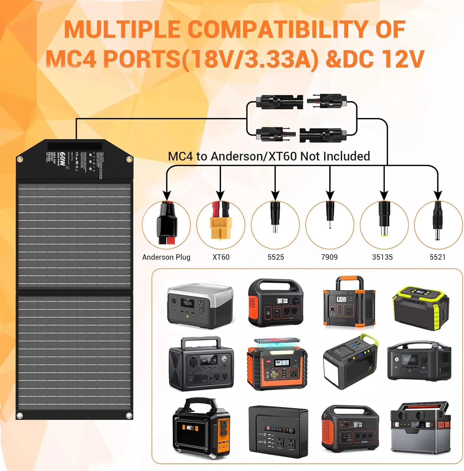 60W Portable Foldable Solar Panels Chargers with PD3.0 USB-C QC3.0 USB-A 12V DC 18V MC4 Outputs for Camping Backpacking Travel Fast Charging for Small Power Station Generator Cell Phone Power Bank