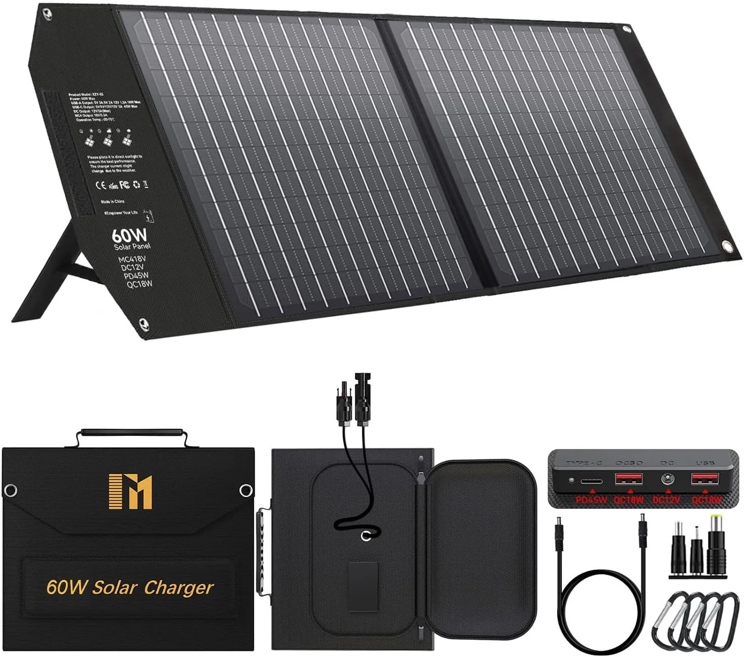 60W Portable Foldable Solar Panels Chargers with PD3.0 USB-C QC3.0 USB-A 12V DC 18V MC4 Outputs for Camping Backpacking Travel Fast Charging for Small Power Station Generator Cell Phone Power Bank