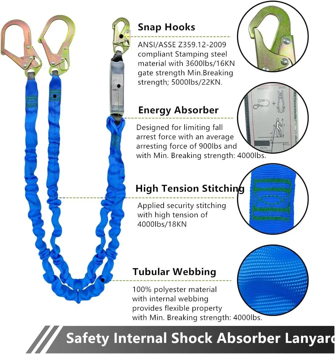 6FT Double Leg Internal Shock Absorbing Safety Fall Protection Lanyard with Dual Rebar & Snap Hook |Heavy-Duty Webbing | Roofer, | OSHA & ANSI Rated (AZ369-B-Shock Absorbing-Blue)