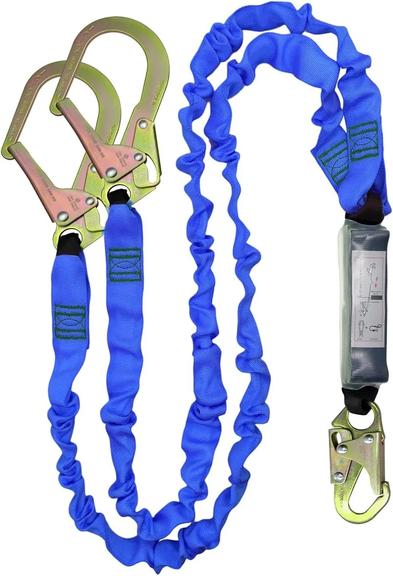 6FT Double Leg Internal Shock Absorbing Safety Fall Protection Lanyard with Dual Rebar & Snap Hook |Heavy-Duty Webbing | Roofer, | OSHA & ANSI Rated (AZ369-B-Shock Absorbing-Blue)