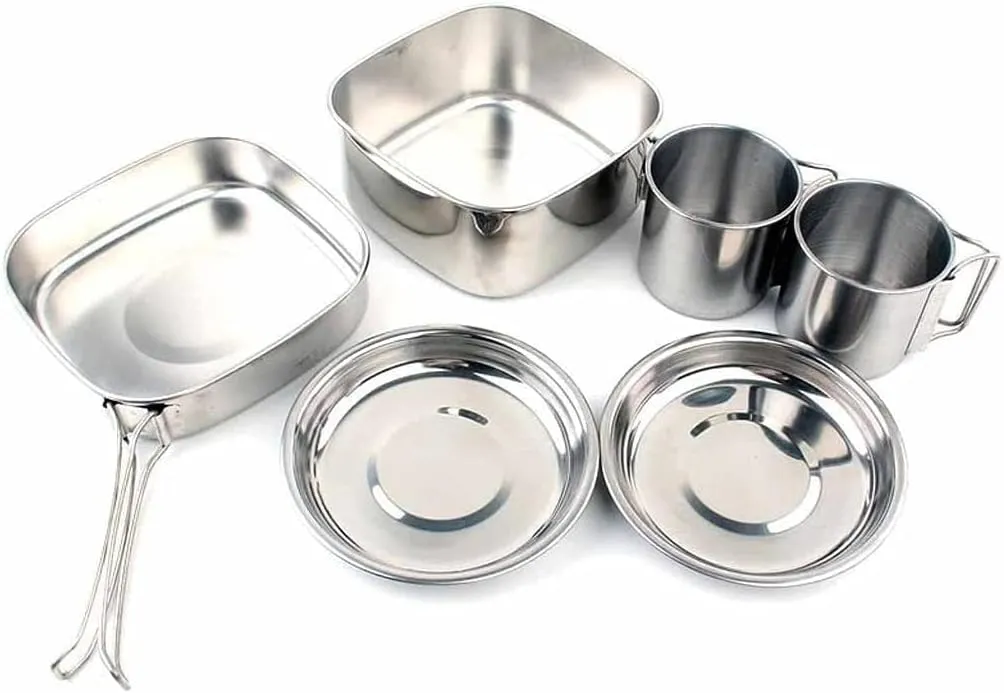 6pcs Outdoor Pot Camping Stainless Steel Cooker Mountaineering Picnic Set Bowl Portable 3-4 Person Barbecue Kitchen Cookware easy to clean