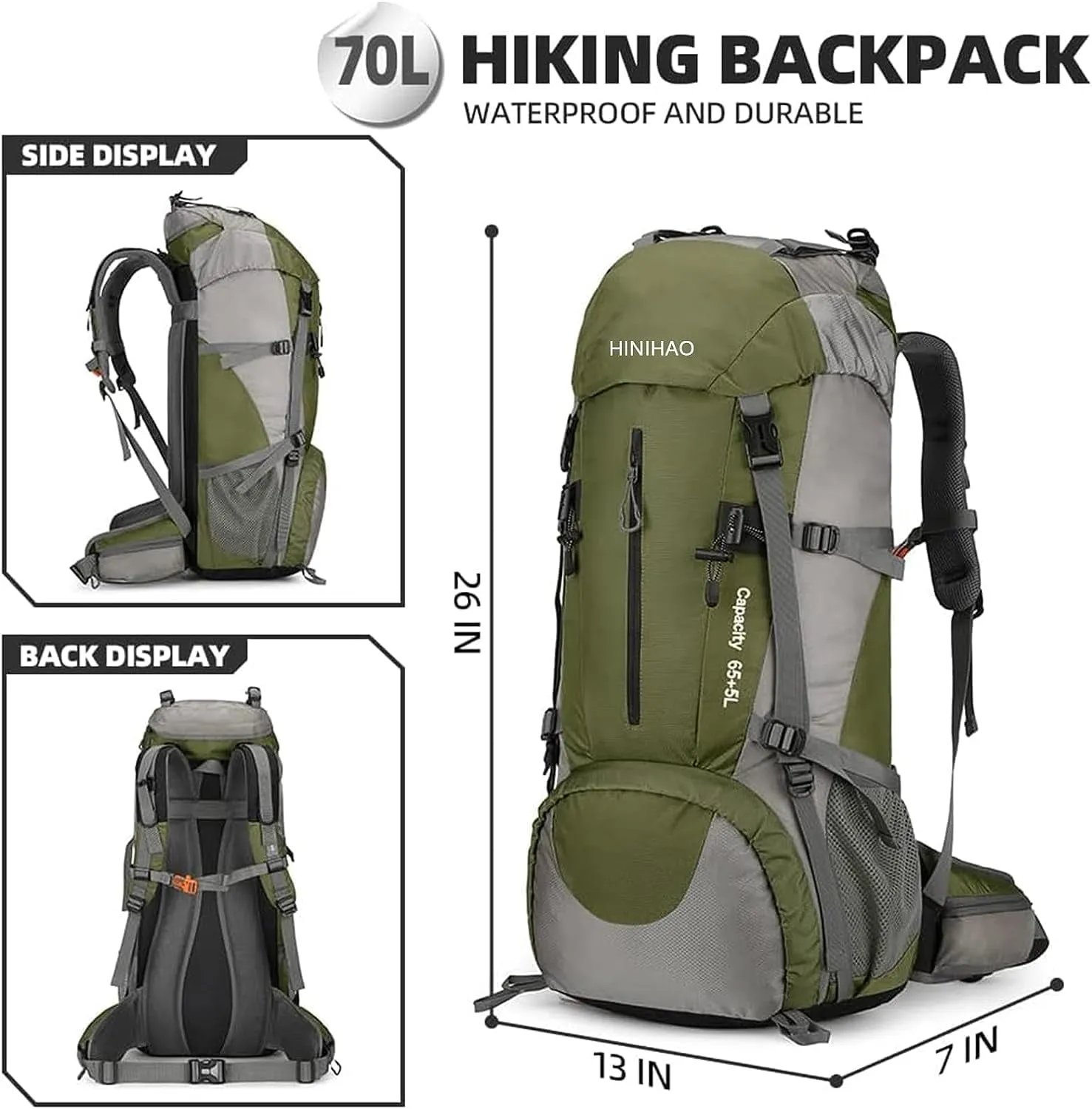 70L Camping Hiking Backpack with Rain Cover Backpacking Backpack for Treeking Outdoor Travel Pack (70L Green)