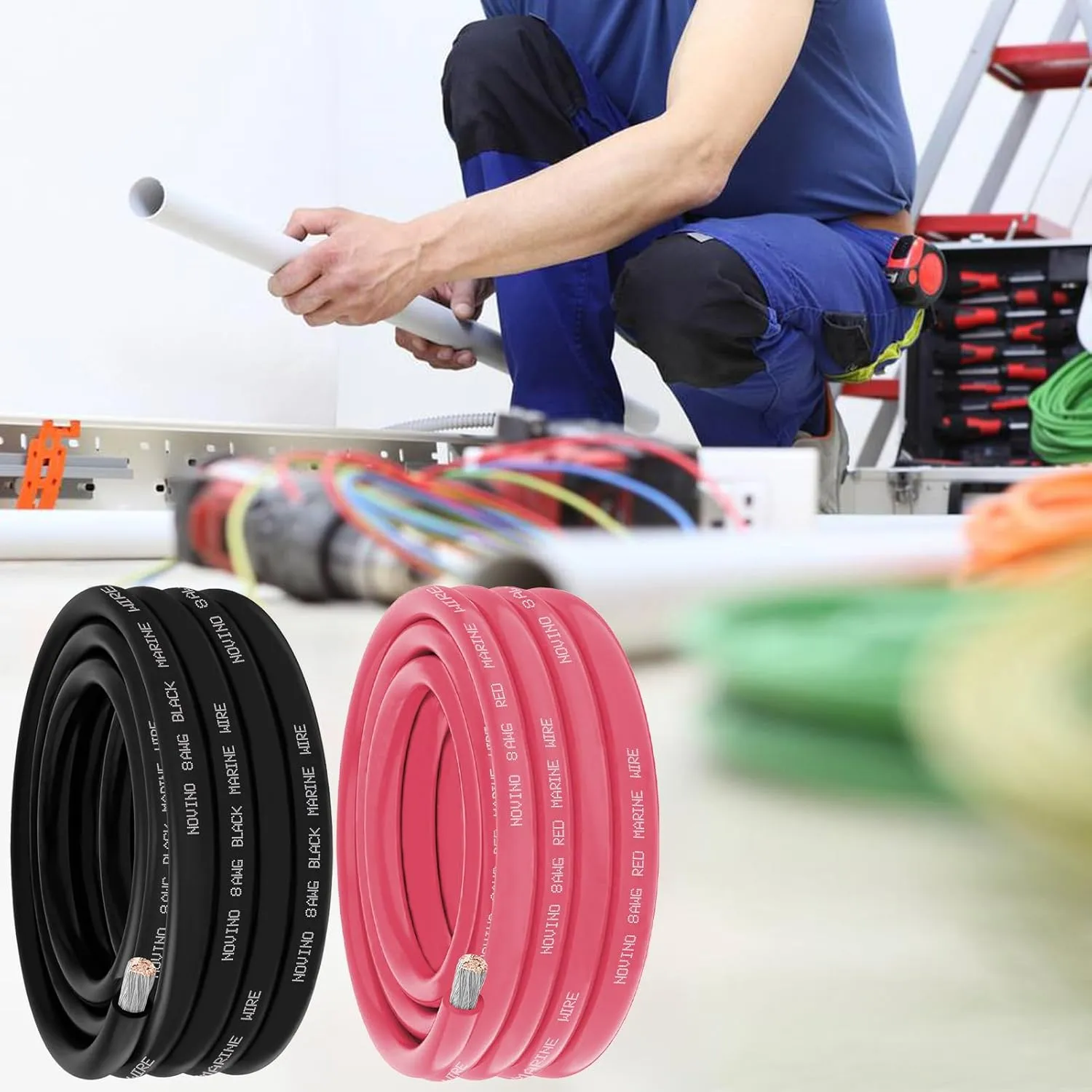 8 Gauge Marine Wire Include 8AWG 20FT Red & 20FT Black,8 Gauge Marine Grade Wire Tinned Copper Electrical Cable for Boat Automotive Speaker Battery Lighting Solar Panel Outdoor