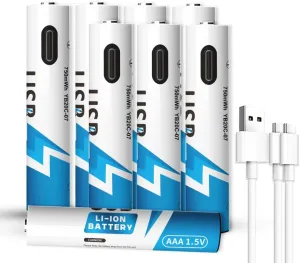 AAA USB Rechargeable Lithium Batteries, Lithium 1.5V 750 mWh, Long Lasting, Charges 1 Hours, 2-in-1 USB-C Charging Cable, 1500 Cycles for Household, Electronics, Constant Output, 8-Battery Pack