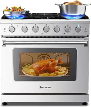 AAOBOSI 36 Inch Front Control Gas Range Oven with 6 Cooktop Burners, 6 Cu. Ft True Convection and Self Clean, Freestanding Stainless Steel Heavy Duty Gas Range Stove with Halogen Light,Large Capacity