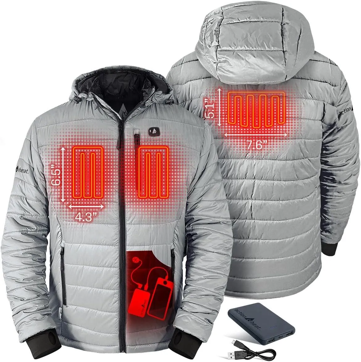 ActionHeat Men's 5V Insulated Heated Jacket with Detachable Hood, Battery Pack