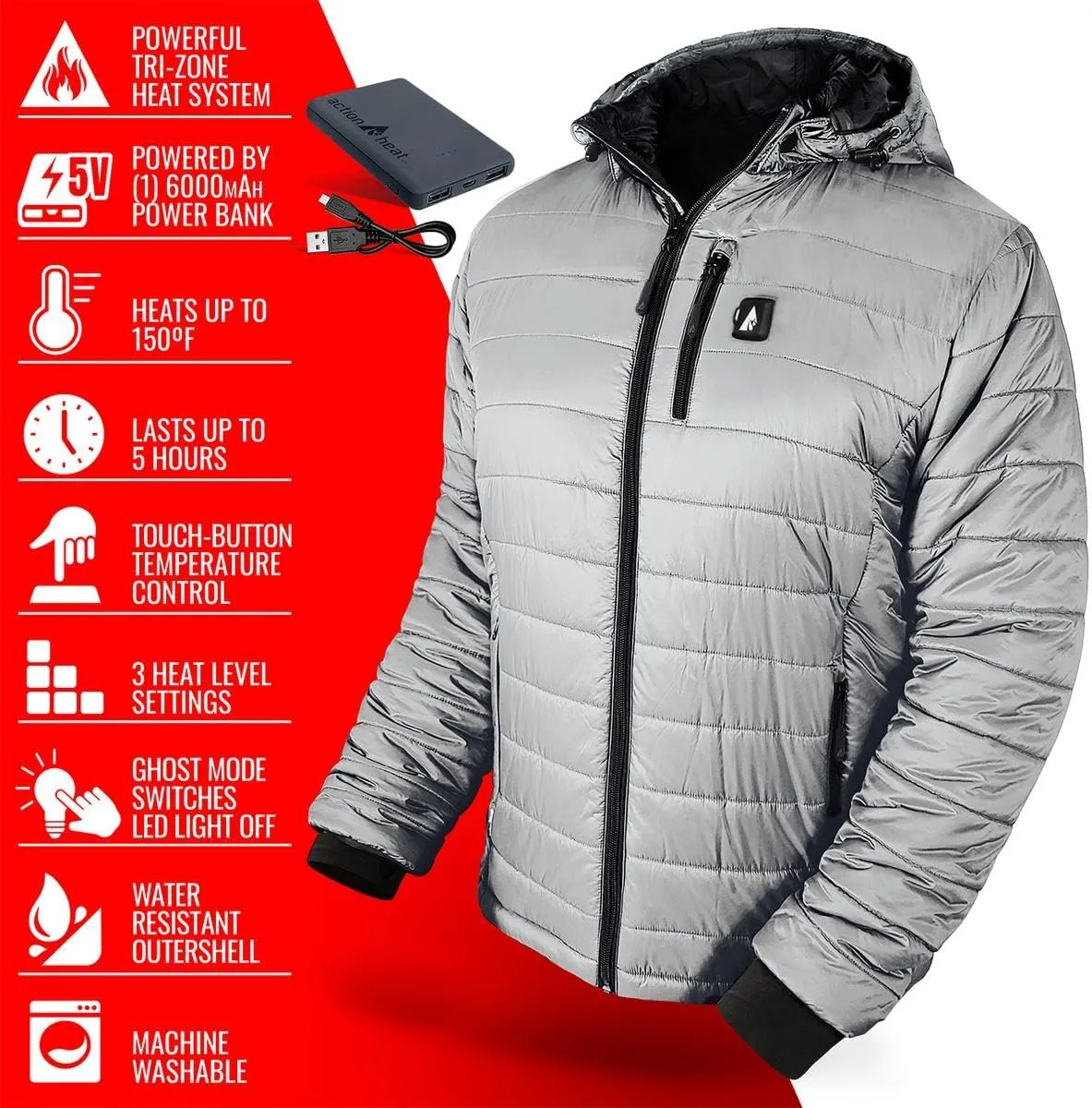ActionHeat Men's 5V Insulated Heated Jacket with Detachable Hood, Battery Pack