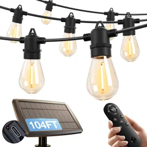 addlon 104FT(98FT 6) Solar String Lights Outdoor Waterproof with USB Port & Remote Control Solar Patio Lights for Outside Solar Powered with 34 LED Dimmable Bulbs for Porch Garden Deck Halloween