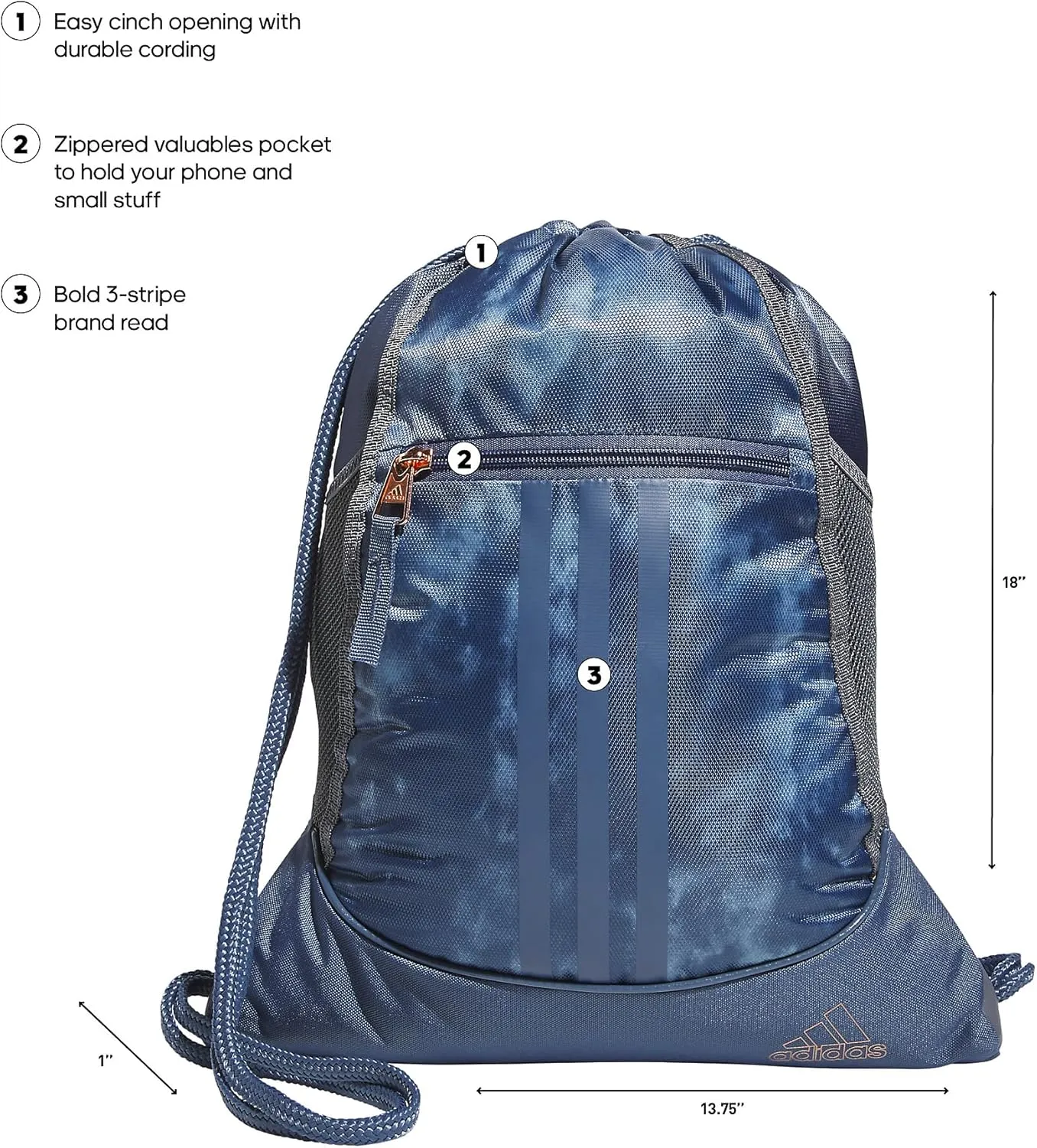 adidas Alliance Sackpack (12L) Lightweight Athletic Small Drawstring Team Sports Workout Bag Discontinued, Stone Wash Preloved Ink Blue/Preloved Ink Blue/Rose Gold, One Size