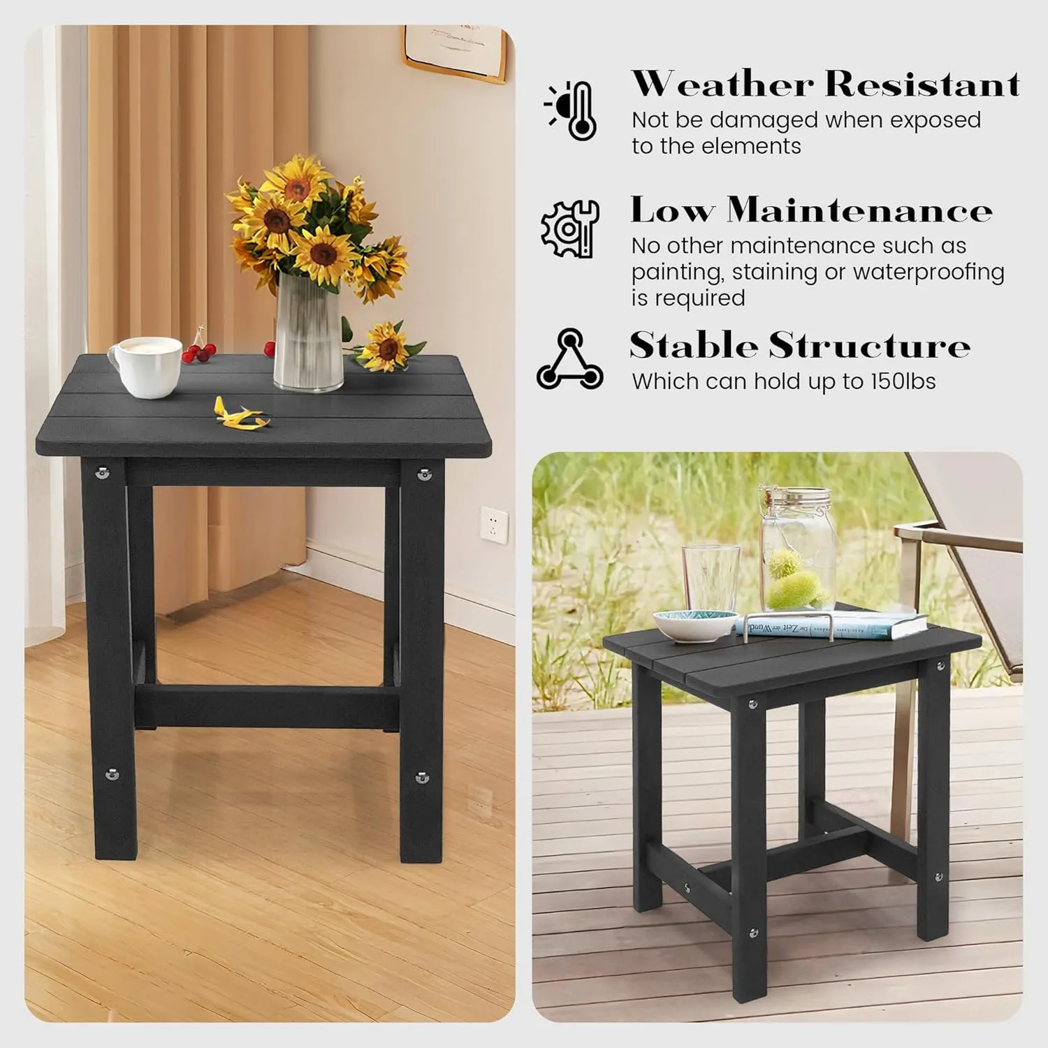 Adirondack Side Table - Small Plastic Outdoor Table for Patio, Pool, Balcony, Porch, Deck, Backyard, Indoor or Outdoor Use - Black HDPS