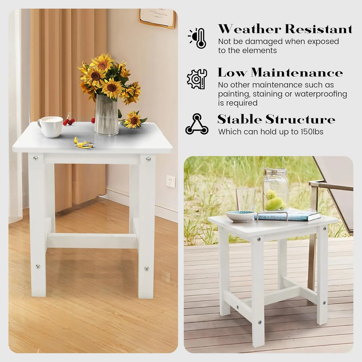 Adirondack Small Patio Table, HDPS Side Table for Pool, Balcony, Porch, Deck, Backyard, Indoor or Outdoor Use, White