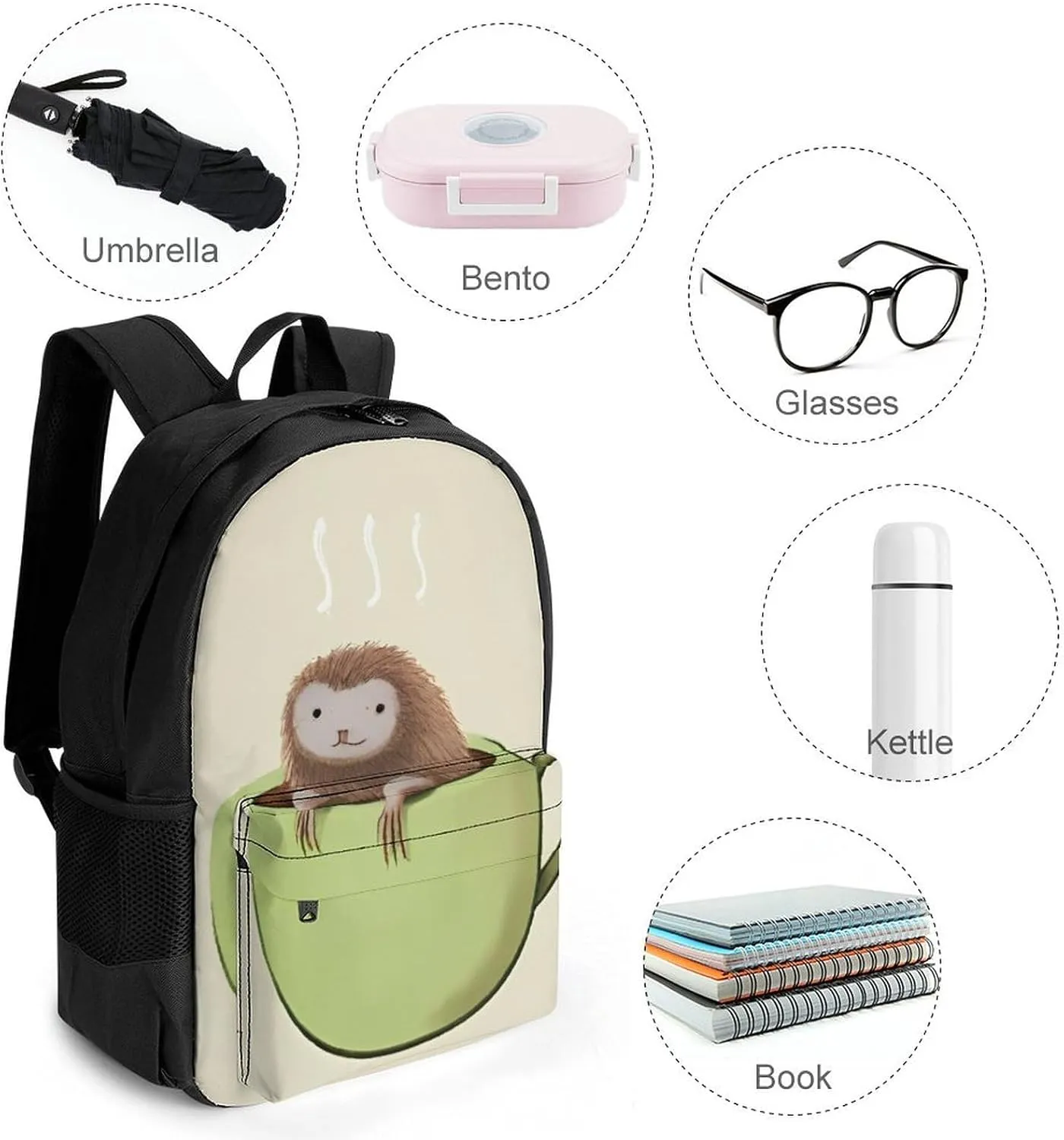 Adorable Sloth And Coffee Art Rucksack Polyester Anti-Theft Multipurpose Carry On Bag Large Capacity Travel and Sport Backpack Rucksack With Smooth Zippers