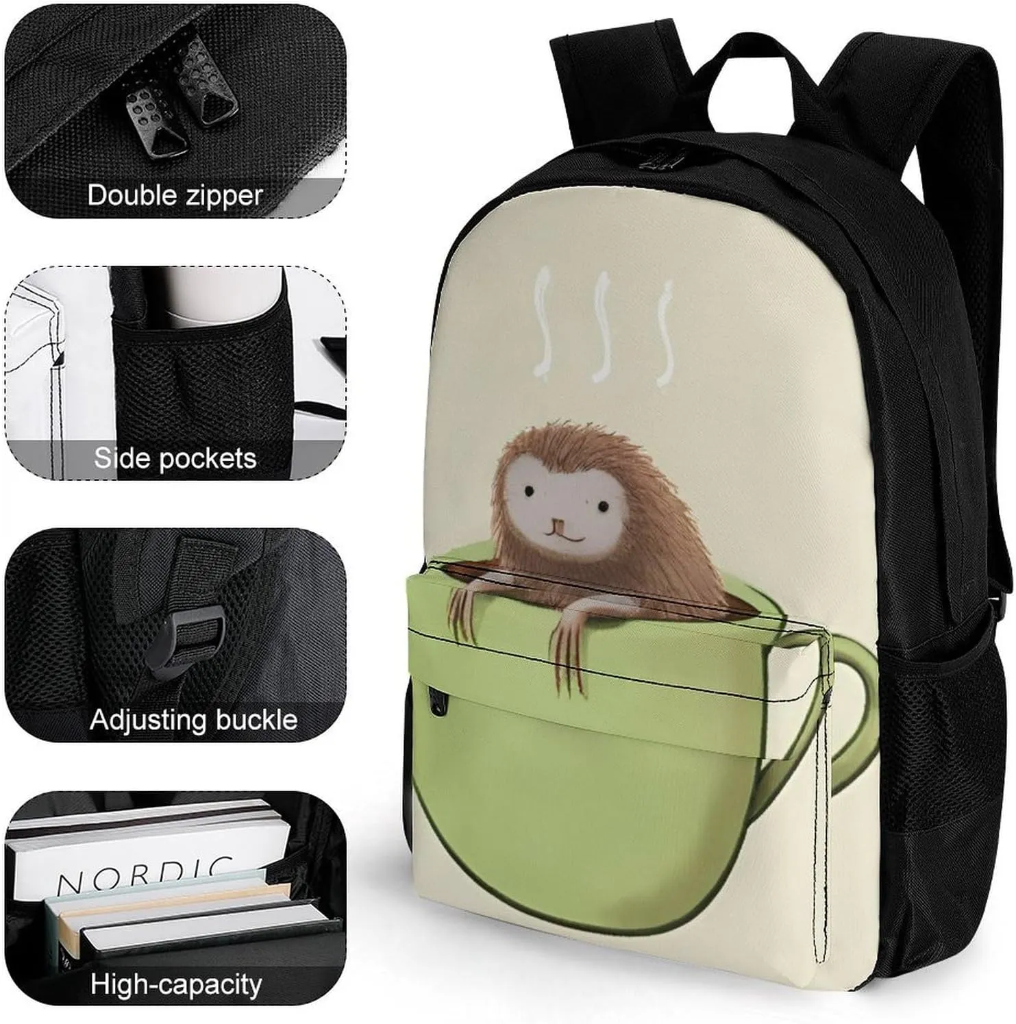 Adorable Sloth And Coffee Art Rucksack Polyester Anti-Theft Multipurpose Carry On Bag Large Capacity Travel and Sport Backpack Rucksack With Smooth Zippers
