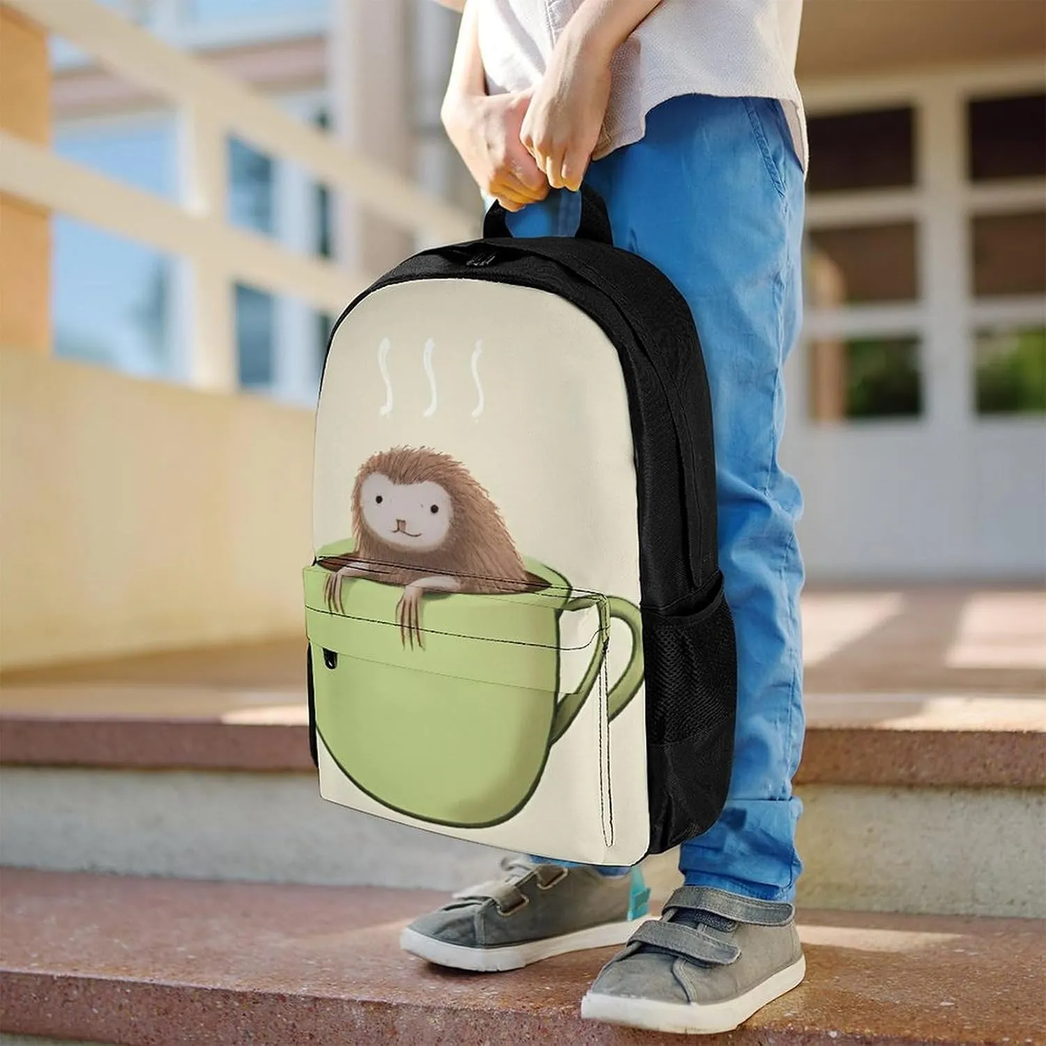 Adorable Sloth And Coffee Art Rucksack Polyester Anti-Theft Multipurpose Carry On Bag Large Capacity Travel and Sport Backpack Rucksack With Smooth Zippers