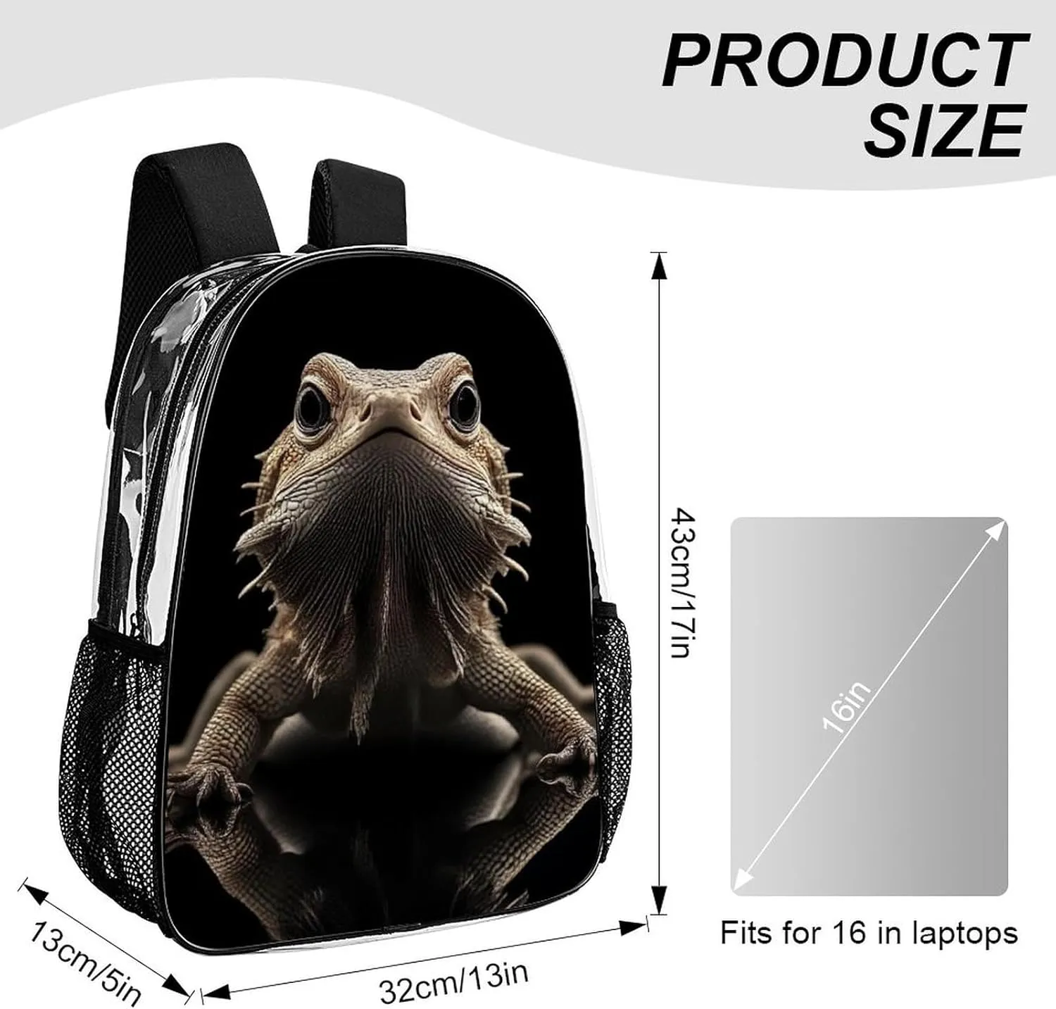 Adults Lightweight Cute Funny Bearded Dragon Lizards Animal Rucksacks Large Capacity Bookbag Transparent Bag for Trekking Outdoors Bicycle