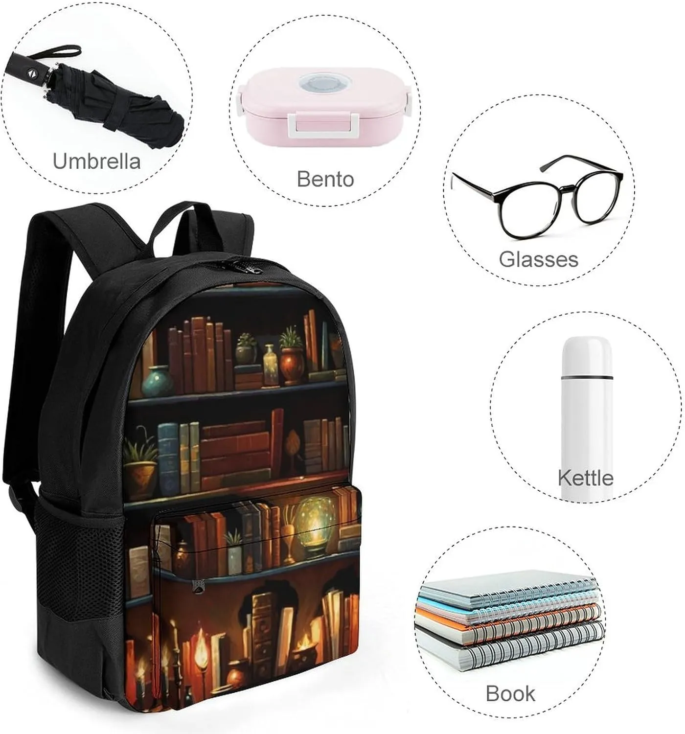 Adults Lightweight Magic Bookshelf Vintage Style Book Art Rucksacks Large Capacity Bookbag With Adjustable Shoulder Straps for Trekking Outdoors Bicycle