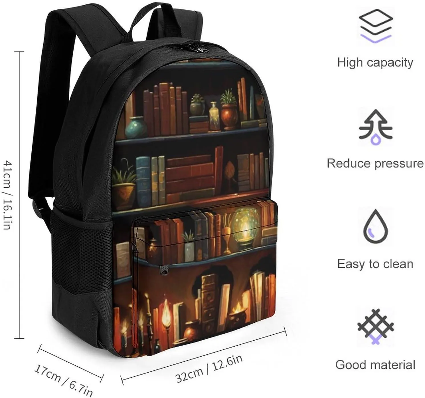 Adults Lightweight Magic Bookshelf Vintage Style Book Art Rucksacks Large Capacity Bookbag With Adjustable Shoulder Straps for Trekking Outdoors Bicycle